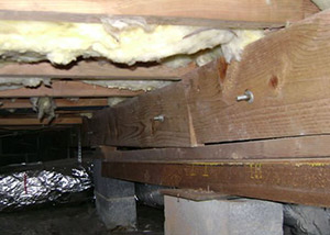 sagging crawl space with wooden shimming a Harrodsburg crawl space