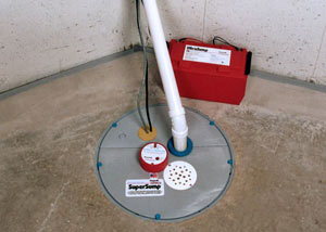 A sump pump system with a battery backup system installed in Nancy